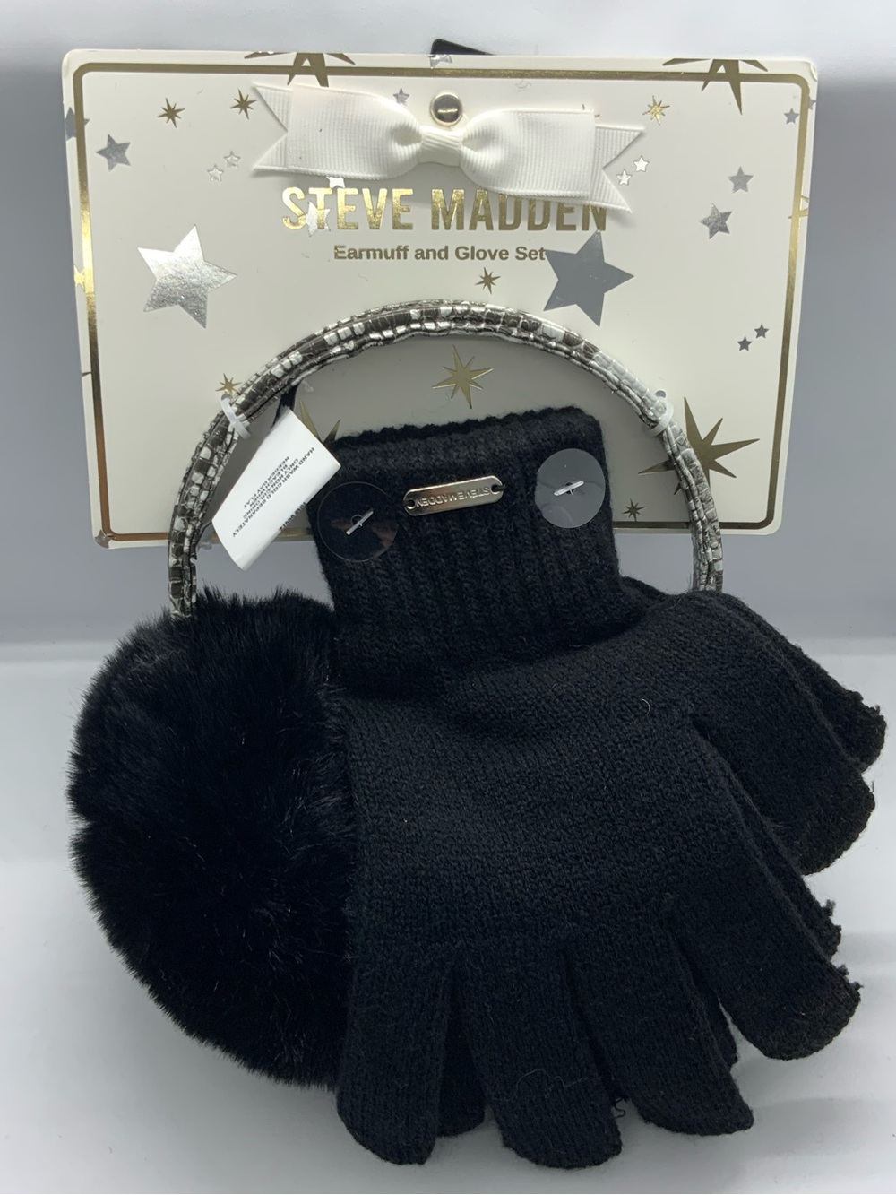 Steve Madden Black Knit Glove and Faux Fur Earmuff Set